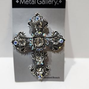 Metal Gallery Silver Tone Aurora Borealis Rhinestones Cross Brooch / Pen…
